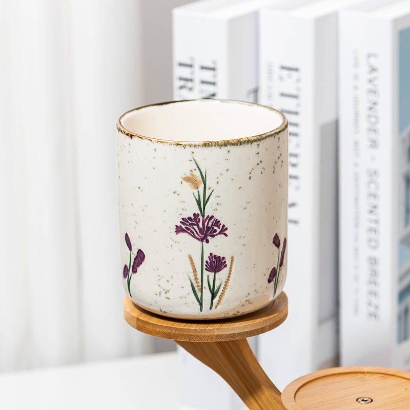 Ivory White glazed ceramic candle vessels with spots and customized flower printing