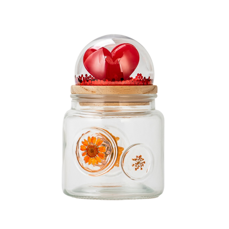 Valentine's Glass Jar with Heart Snow Globe Lid & Dried Flower Windows