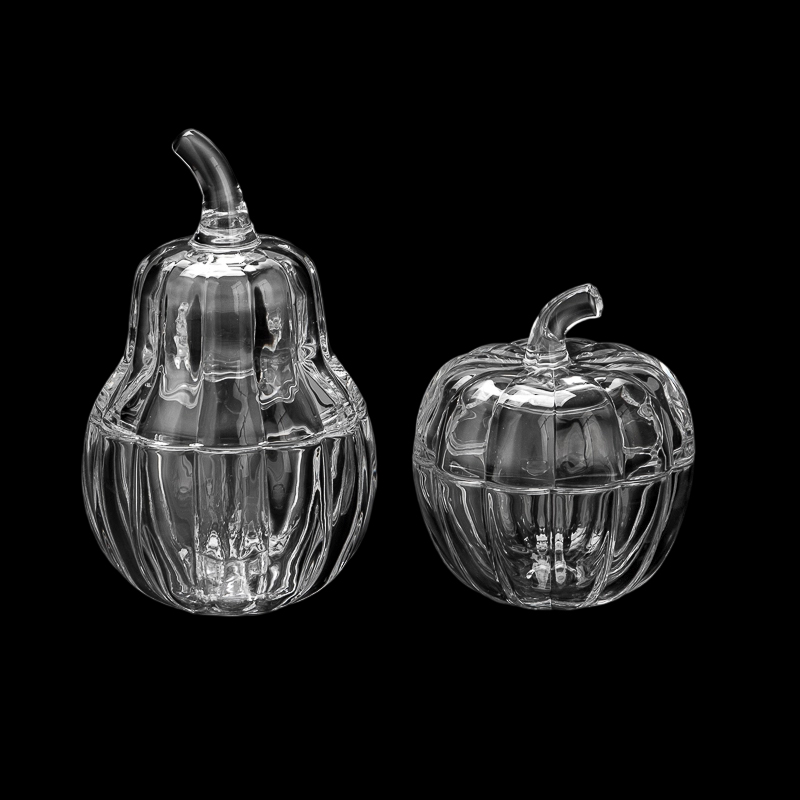 Vertical Ribbed Clear Glass Pumpkin Storage Jar with Lid, Pear Shaped Candy Container for Home Decor