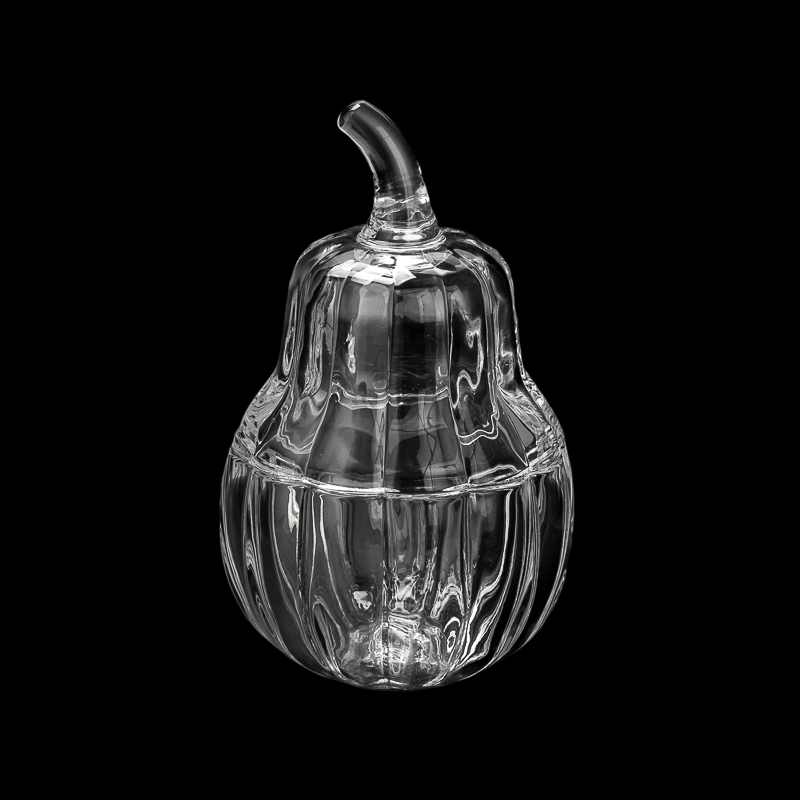 Vertical Ribbed Clear Glass Pumpkin Storage Jar with Lid, Pear Shaped Candy Container for Home Decor