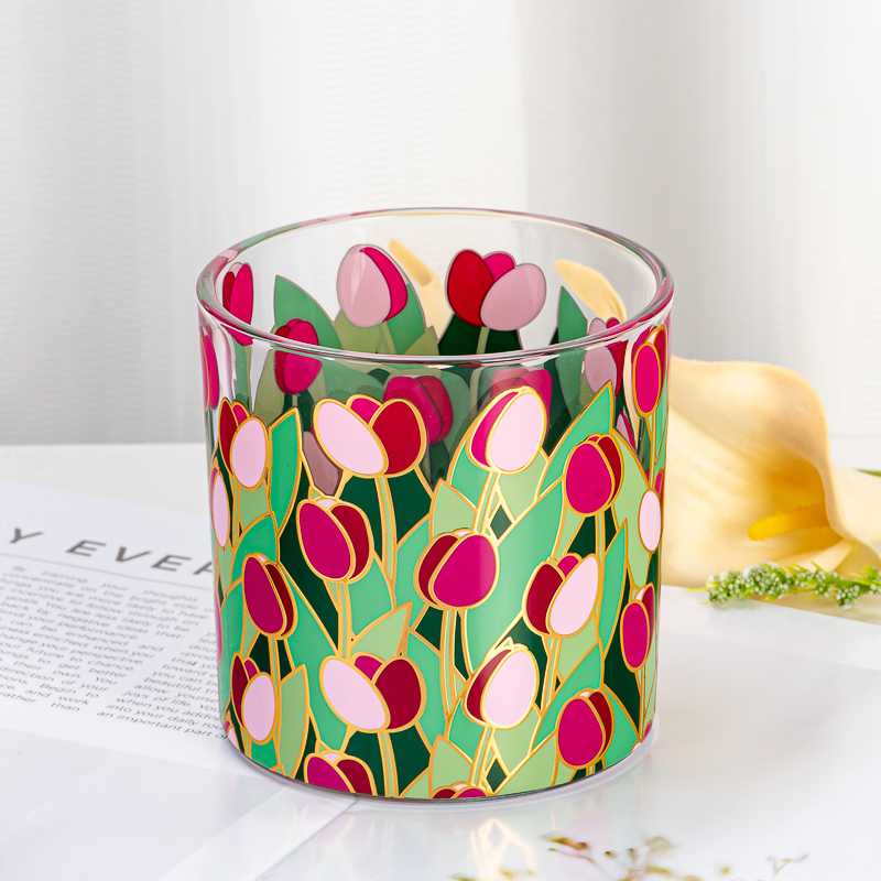 Cylinder glass candle jars with customized flower printing for scented candle filling