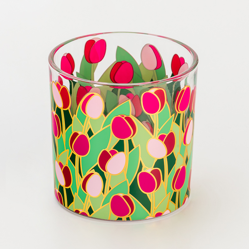 Cylinder glass candle jars with customized flower printing for scented candle filling