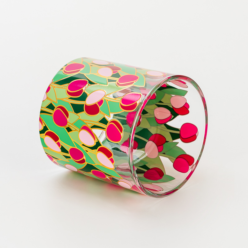 Cylinder glass candle jars with customized flower printing for scented candle filling