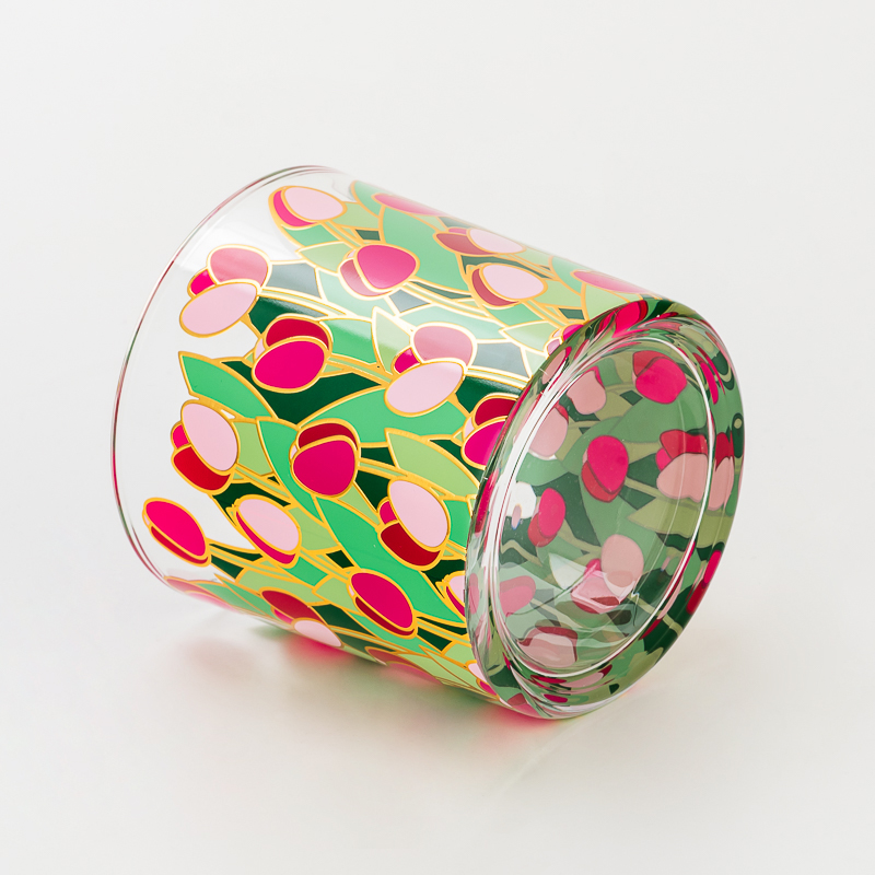 Cylinder glass candle jars with customized flower printing for scented candle filling