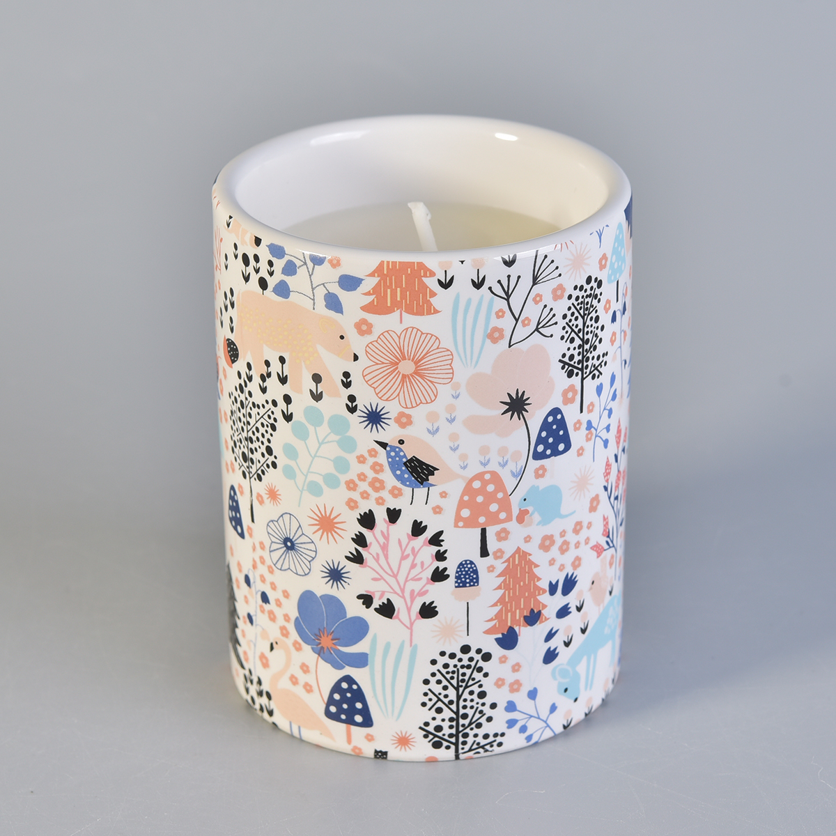 white ceramic candle container with custom prints, 12 oz decorative ceramic candle jars