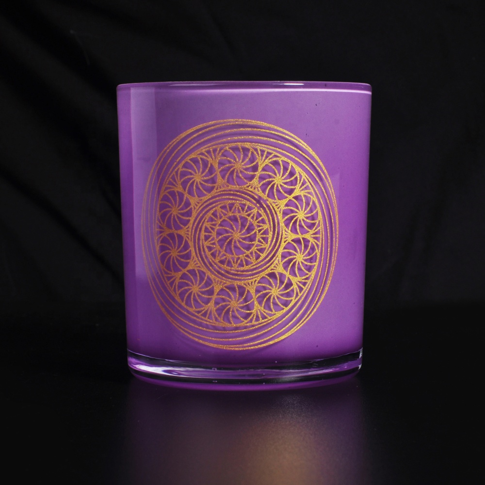 purple glass vessel with gold decal, candle container glass