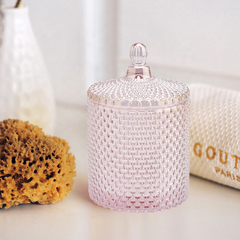 Raindrop Geo Cut glass candle vessel with lid, pink luxury candle holder for home decor