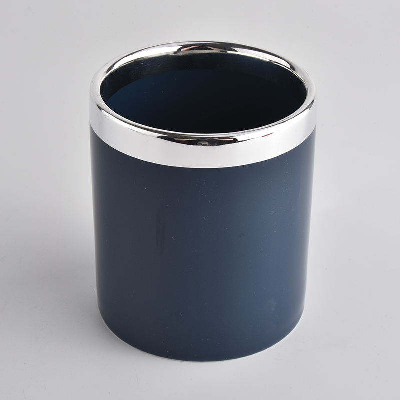 dark blue ceramic candle holder with shiny silver rim, cylinder ceramic candle containers