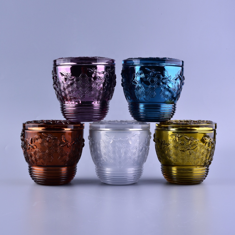 Bee design luxury color custom empty Glass candle containers with lid