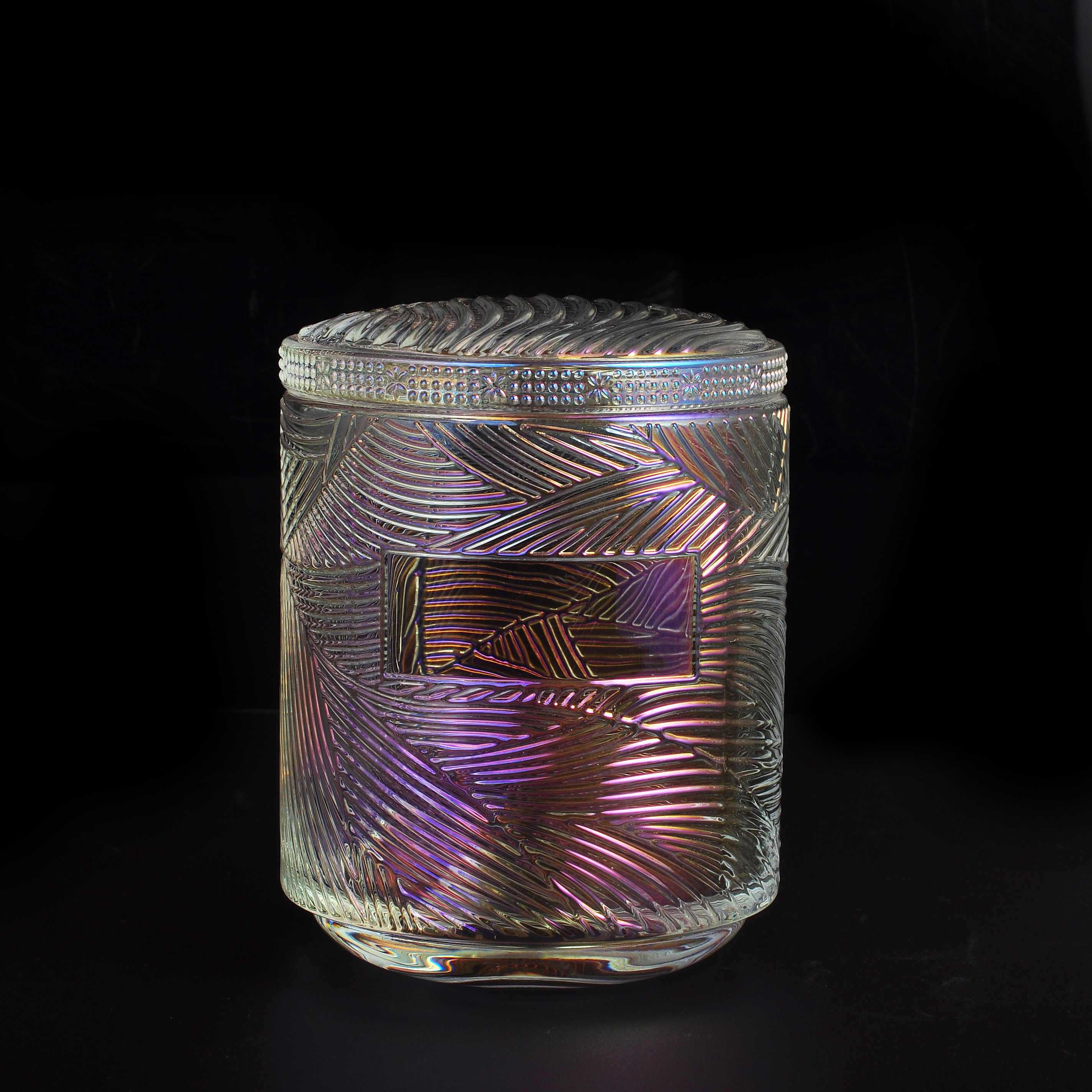 Iridescent glass candle jar with lid, luxury glass candle holder