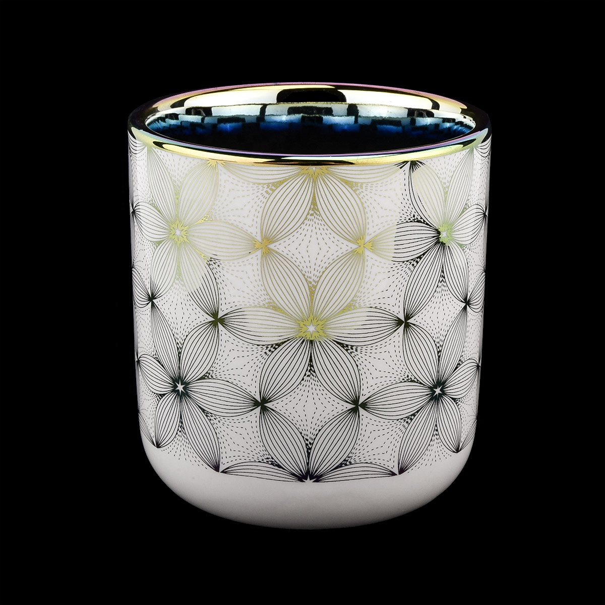 glossy white ceramic candle jars with silver printing