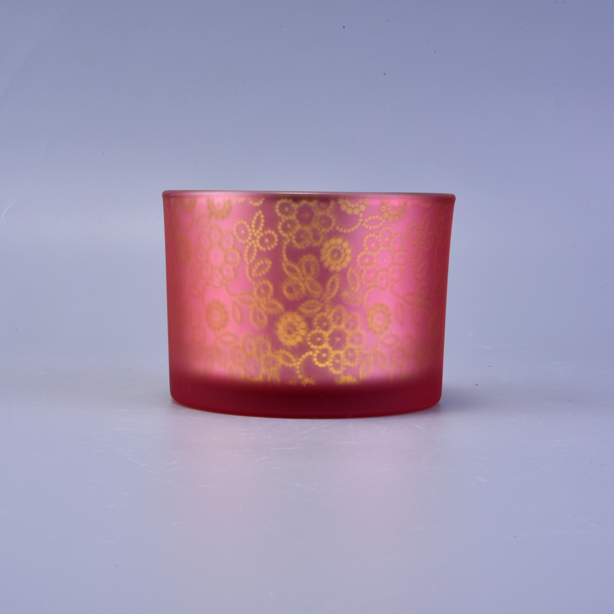 frosted red outside glass candle holder with gold inside, decorative glass candle vessel