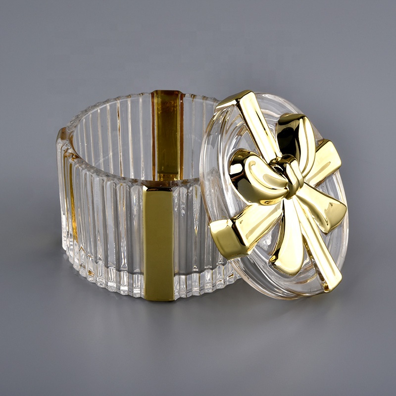 gold colored glass empty container with  glass lid,  gift box shaped glass jar