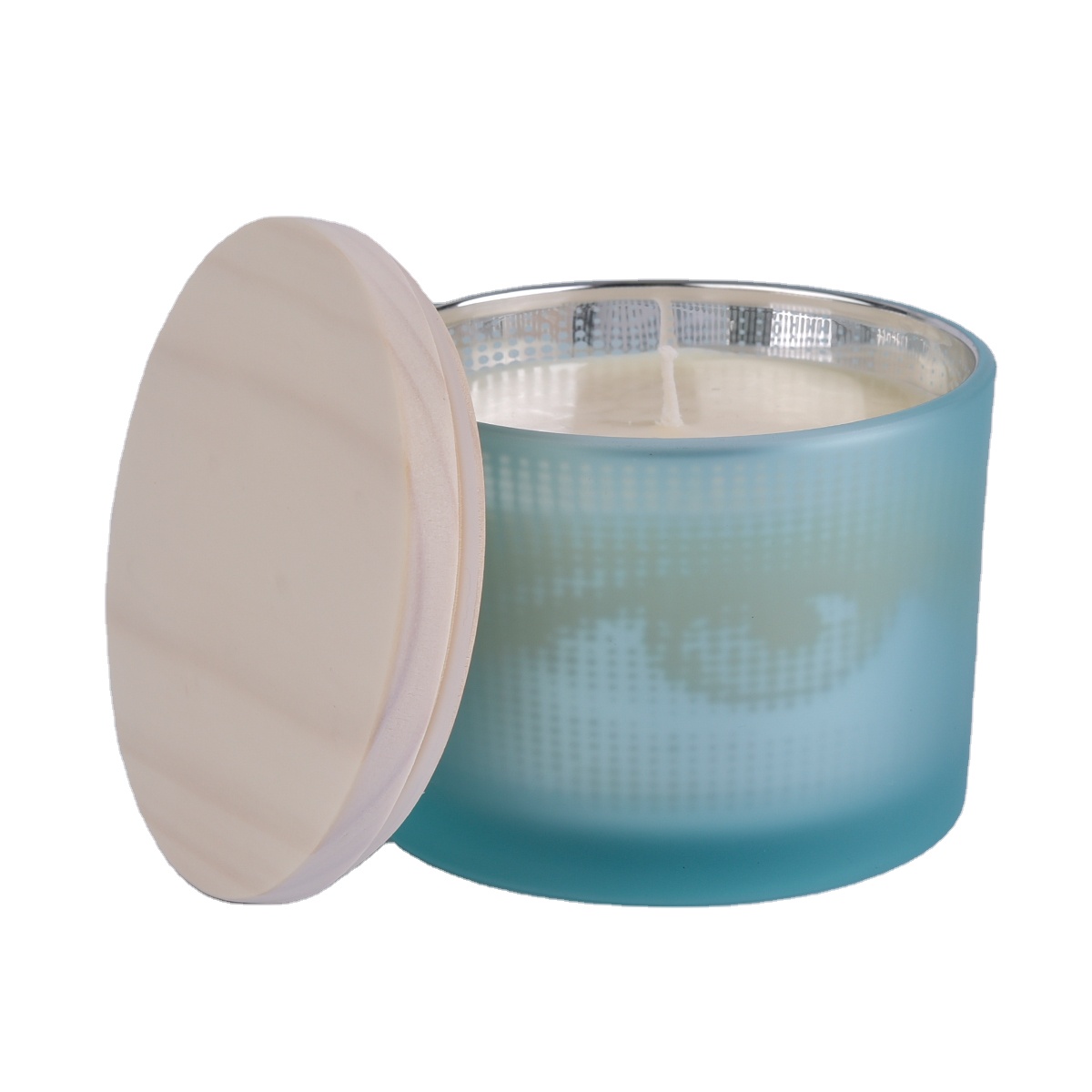 Suppliers unique matte blue empty glass candle holders jars with wood lid cover 10 oz 8 oz