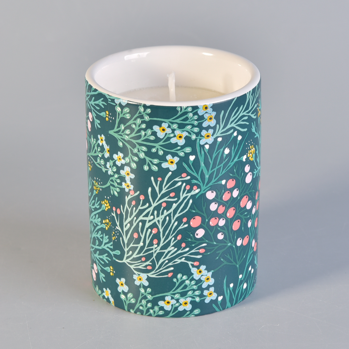 white ceramic container with green  decal, cylider decorative ceramic candle jars for spring season