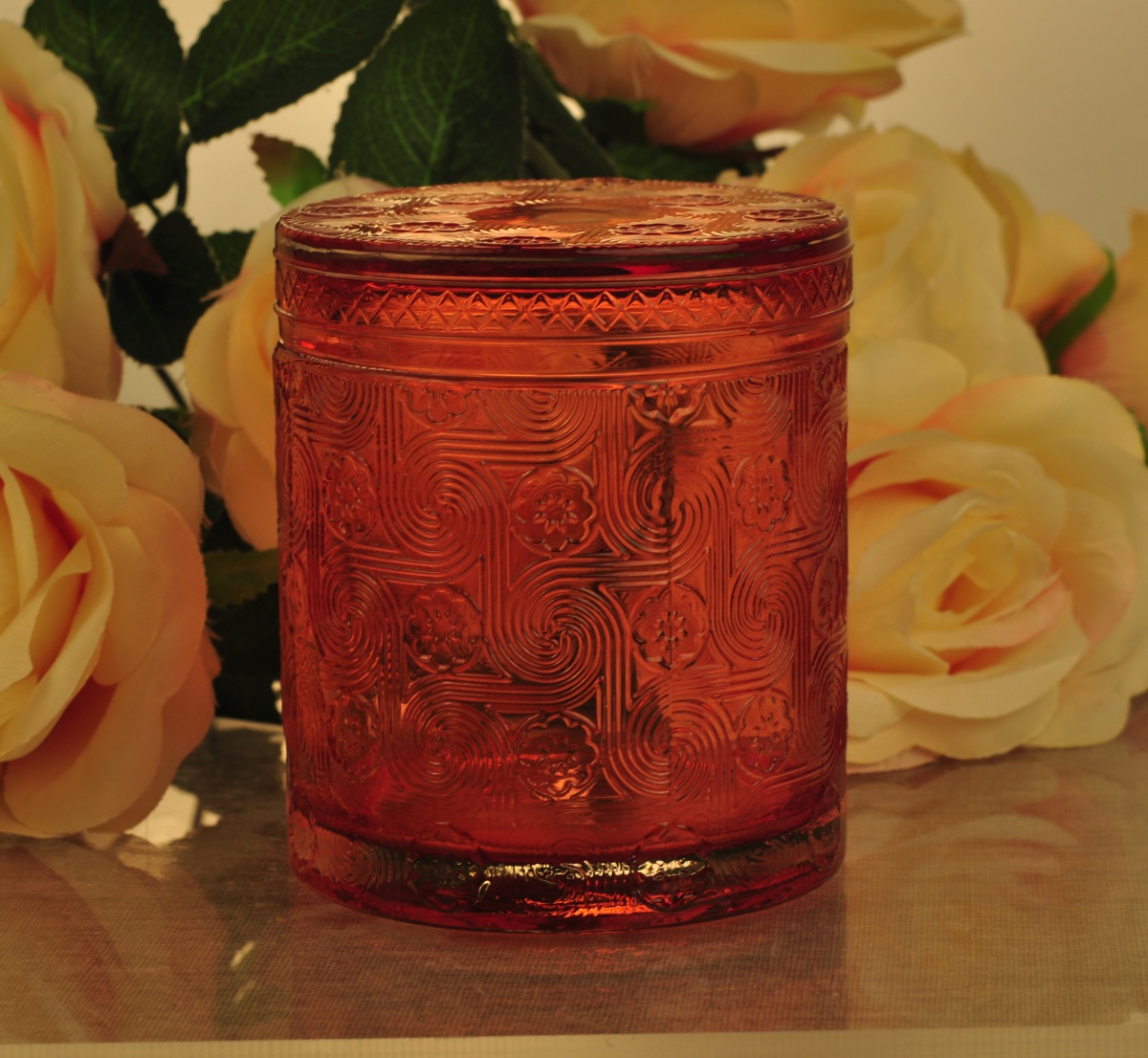 Sunny design luxury embossed Glass candle holder with glass lids