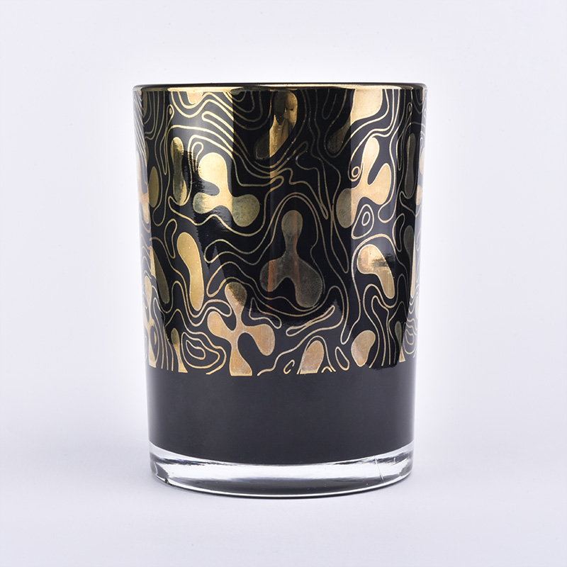 black glass candle  container with gold patterns, unique glass candle jar for home decor