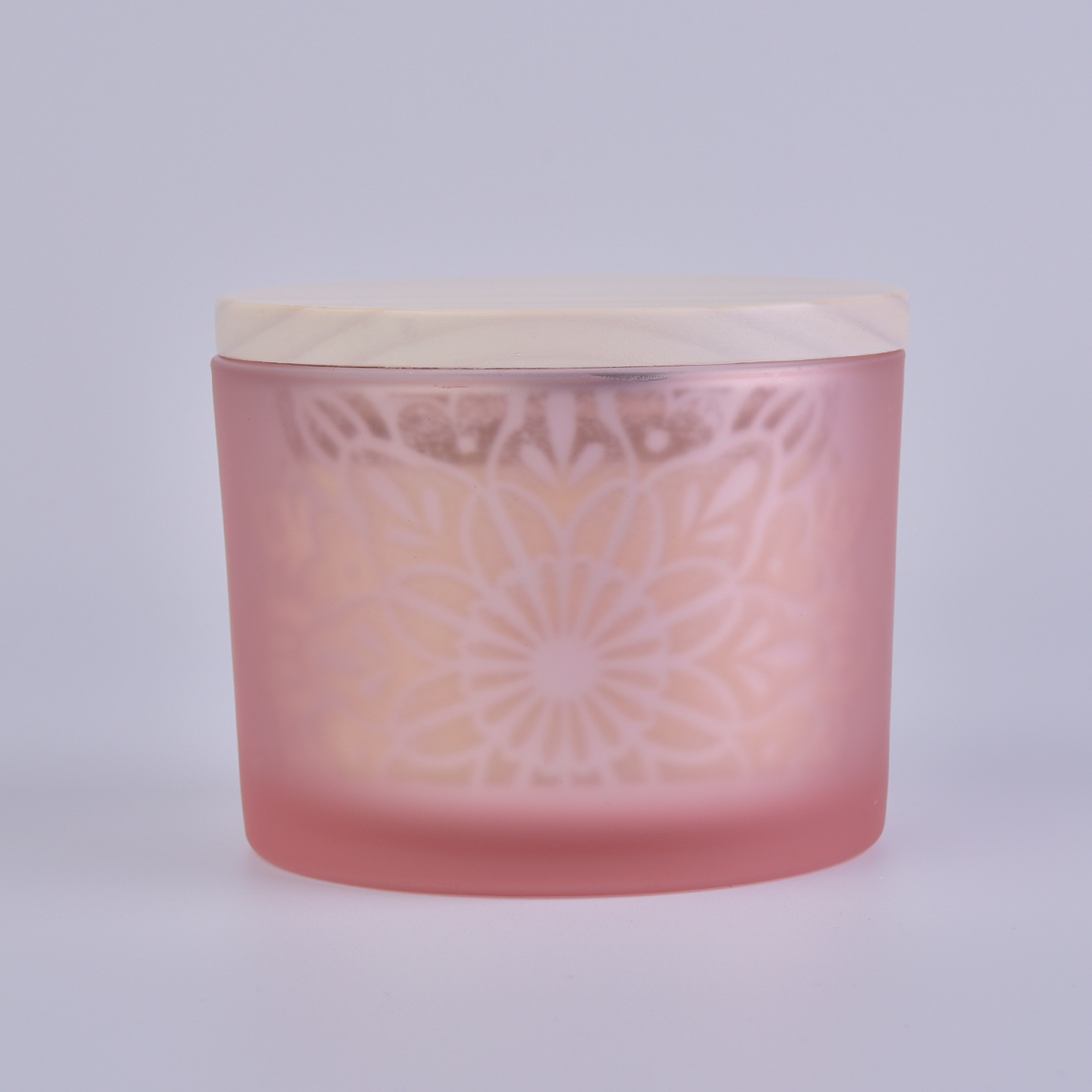 decorative glass candle holder with wooden lid, shiny silver inside laser pattern finishing