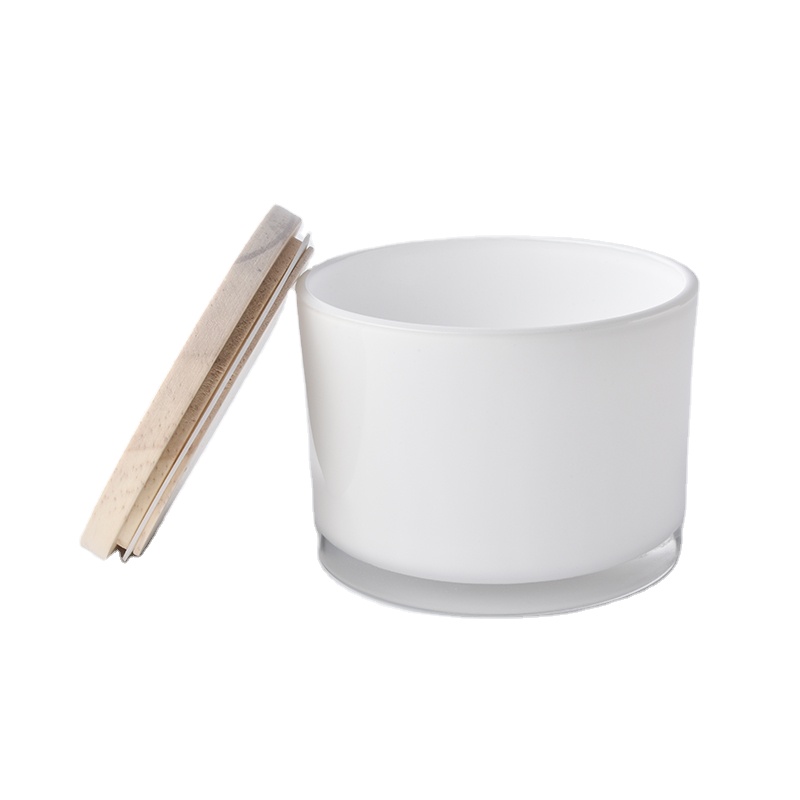 wide month glass candle holder, white glass candle vessel with wooden lid