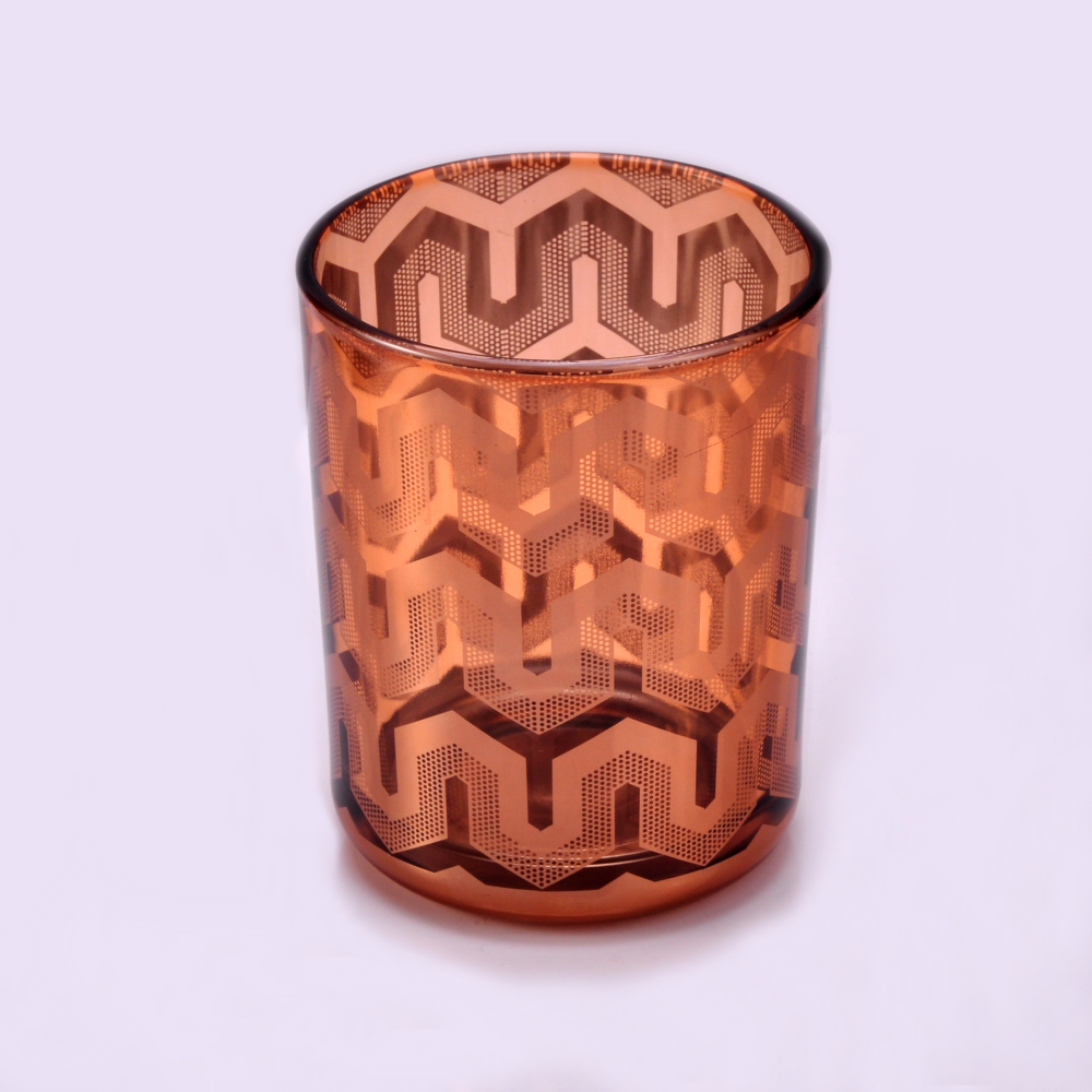 shiny brown glass candle vessel with laser printing, decorative glass jar for home decor