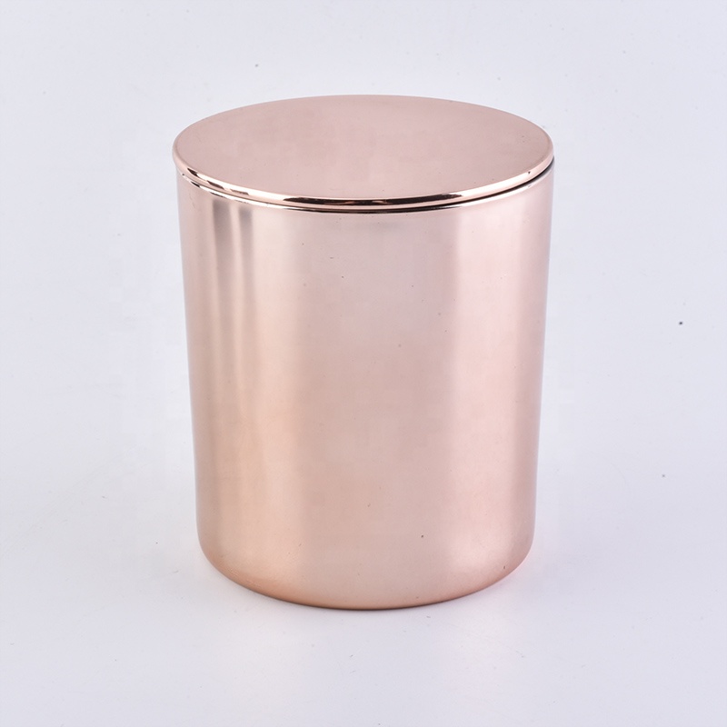 rose gold plating glass candle jar, cylinder glass candle holder with lid