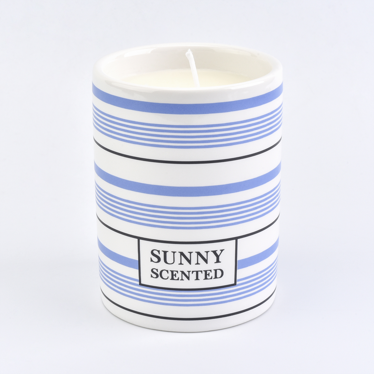 blue and white lines ceramic candle vessel, simple ceramic candle holder