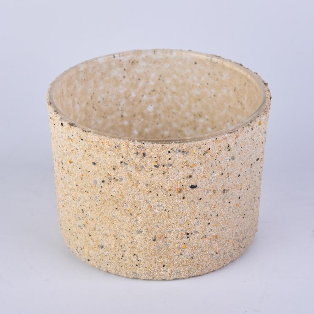 big glass candle jar with sand grain covering, large unique glass candle vessel