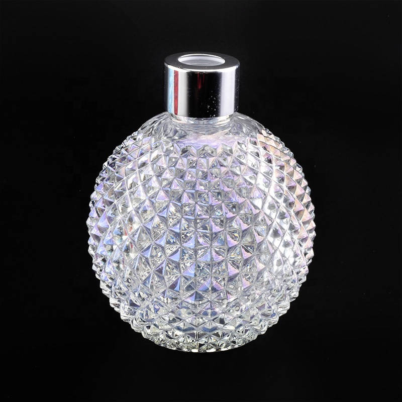 iridescent glass diffuser bottle with metal cap, unique glass bottles
