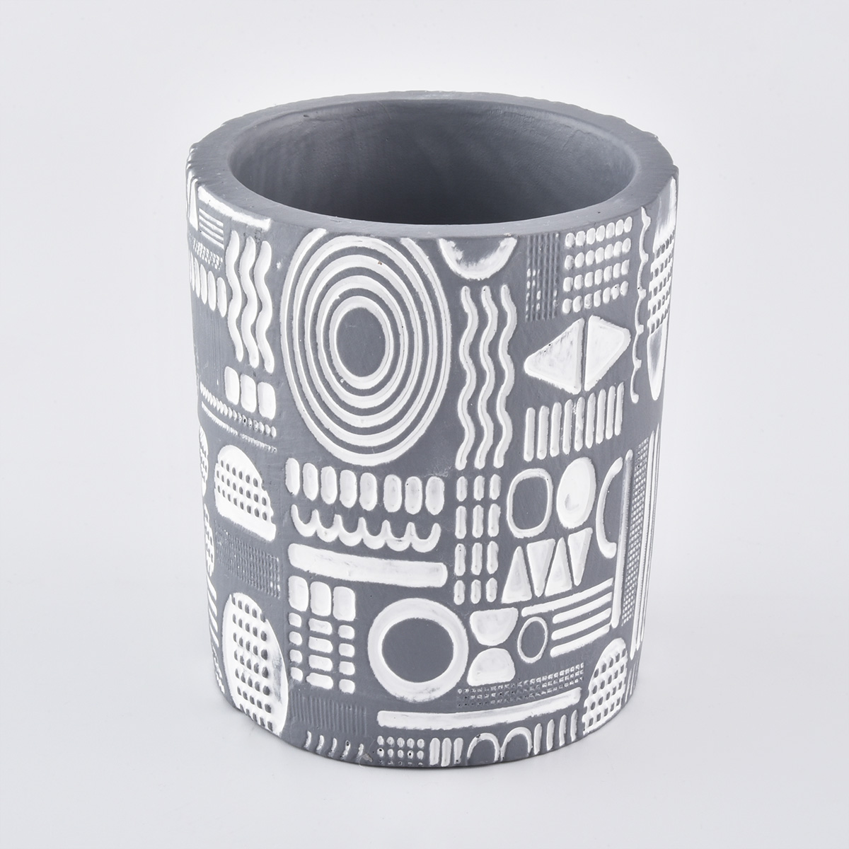 cement candle jar with white debossed patterns, cylinder candle jars home decor