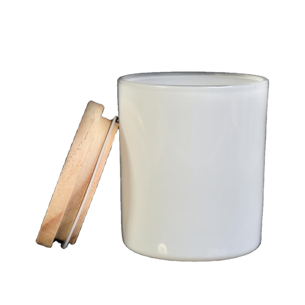 white glass candle vessel with wooden lid,  popular cylinder candle container in bulk