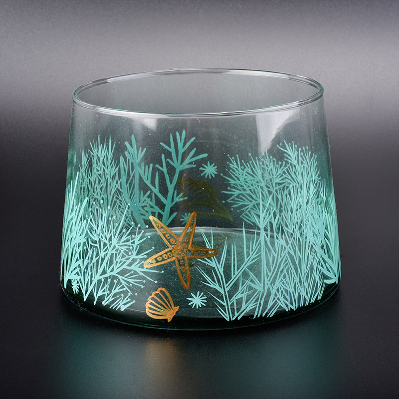 ocean designed glass candle vessel, bell shaped glass jar with hand painting