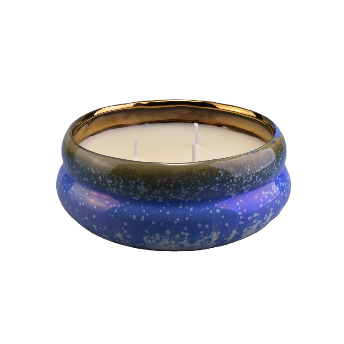 Wholesales 3 wick large ceramic candle vessels with electroplate inside