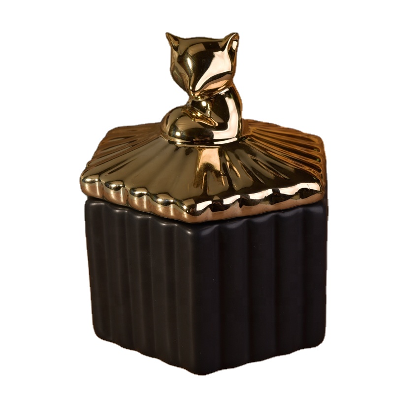 Geo black square ceramic candle jar scented candle container with metal lid home decor