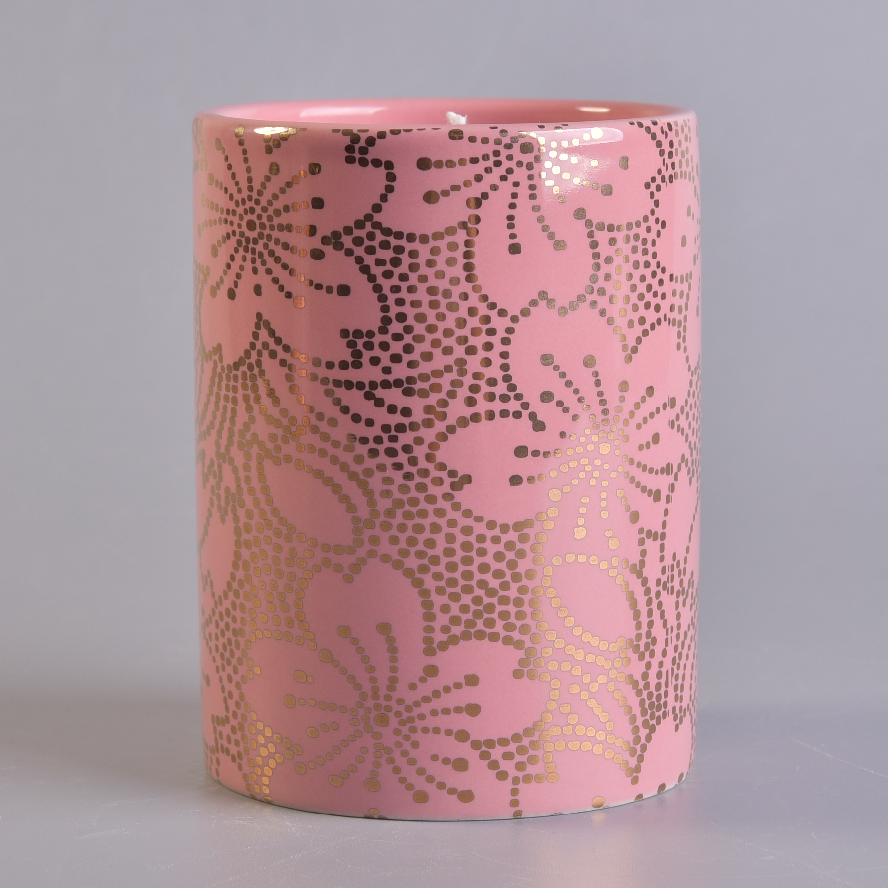 Red glazed candle jars with shiny gold printing, customized ceramic candle jars 310ml