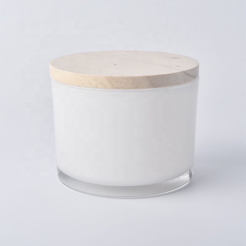 wide month glass candle holder, white glass candle vessel with wooden lid