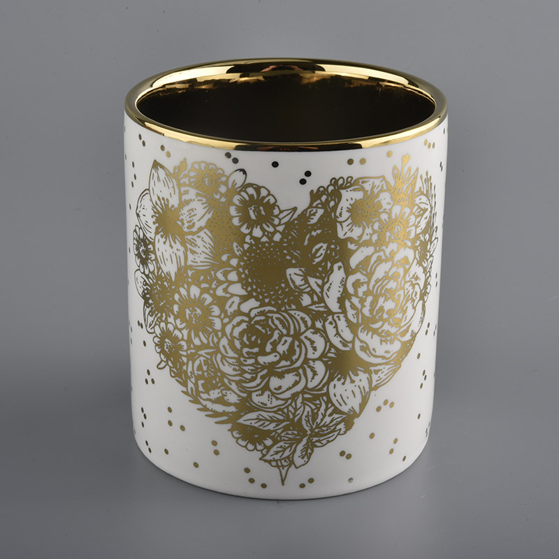 white cylinder ceramic candle jars with gold printing