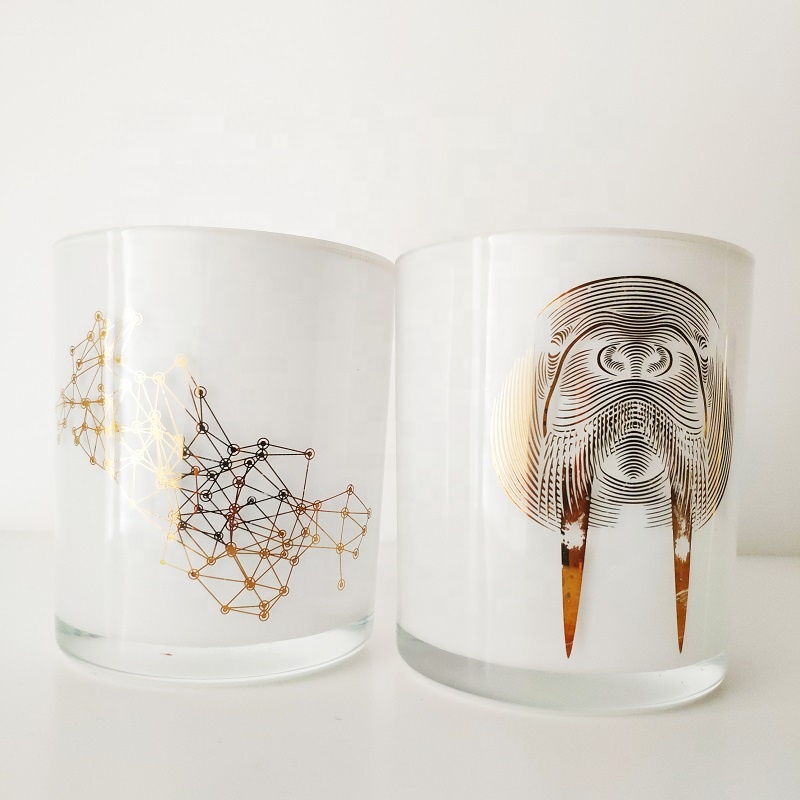 white glass candle vessels with gold decal, 12 oz cylinder candle containers