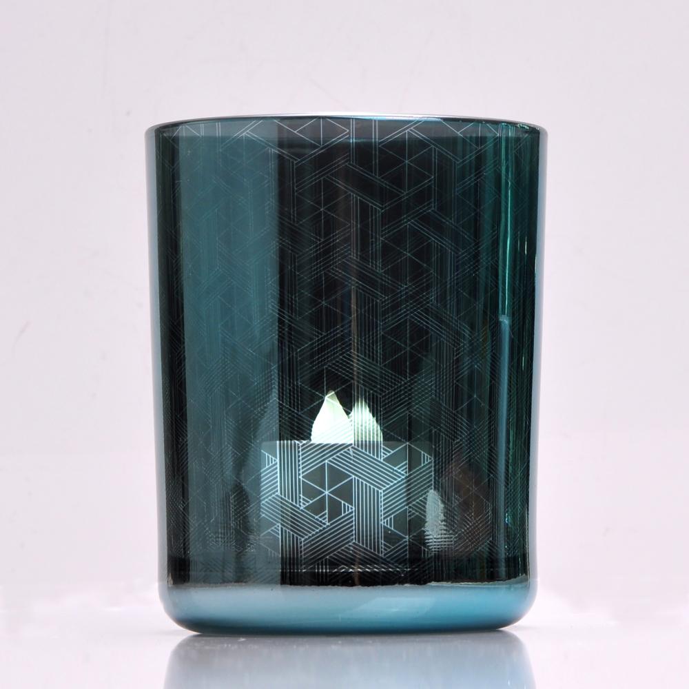 green glass candle vessel with custom lasering patterns, shiny glass jar for holidays