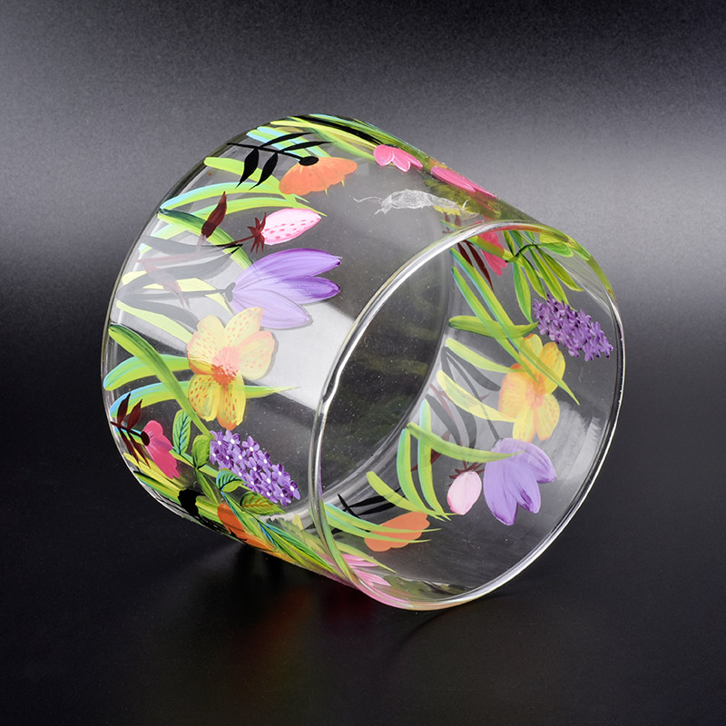 clear glass candle vessel with flower patterns, bell shaped glass jar with hand painting