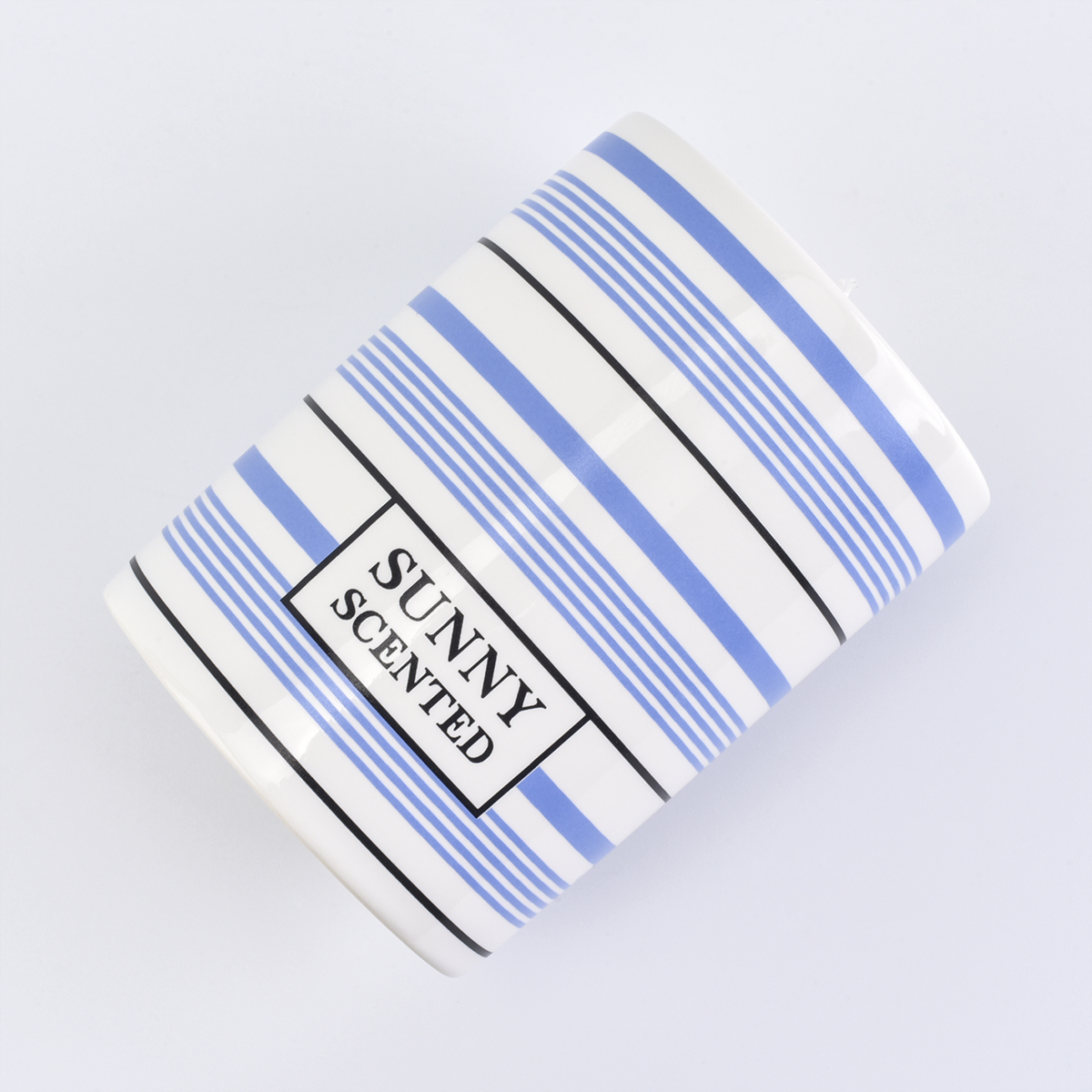blue and white lines ceramic candle vessel, simple ceramic candle holder
