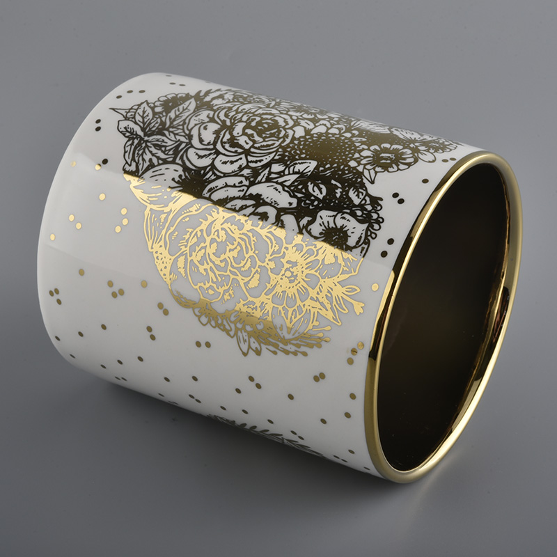 white cylinder ceramic candle jars with gold printing