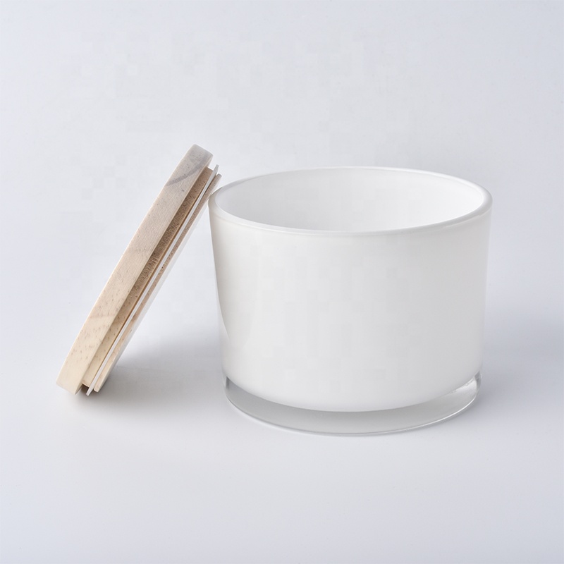 wide month glass candle holder, white glass candle vessel with wooden lid