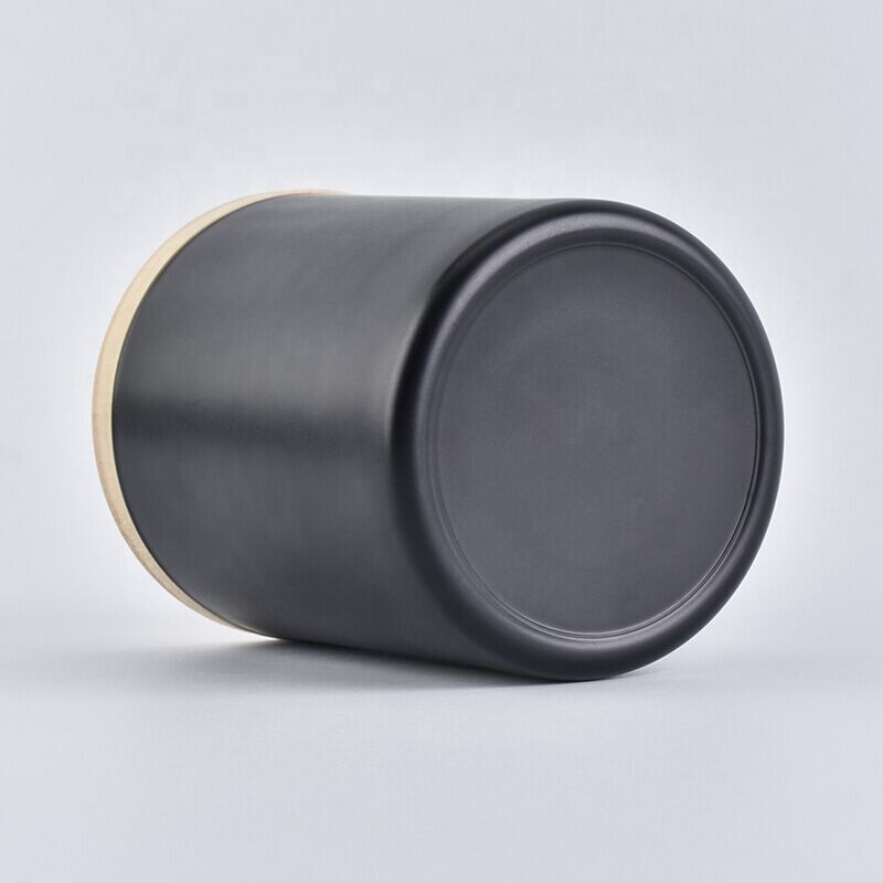 Matte black glass candle vessel with wooden lid, 12 oz cylinder glass jar for candle making