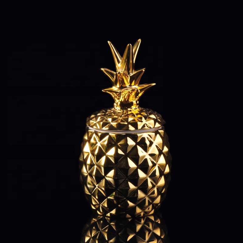 Custom luxury decorative gold white pineapple ceramic candle jars with lid