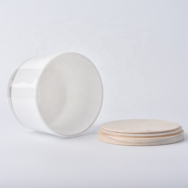 wide month glass candle holder, white glass candle vessel with wooden lid