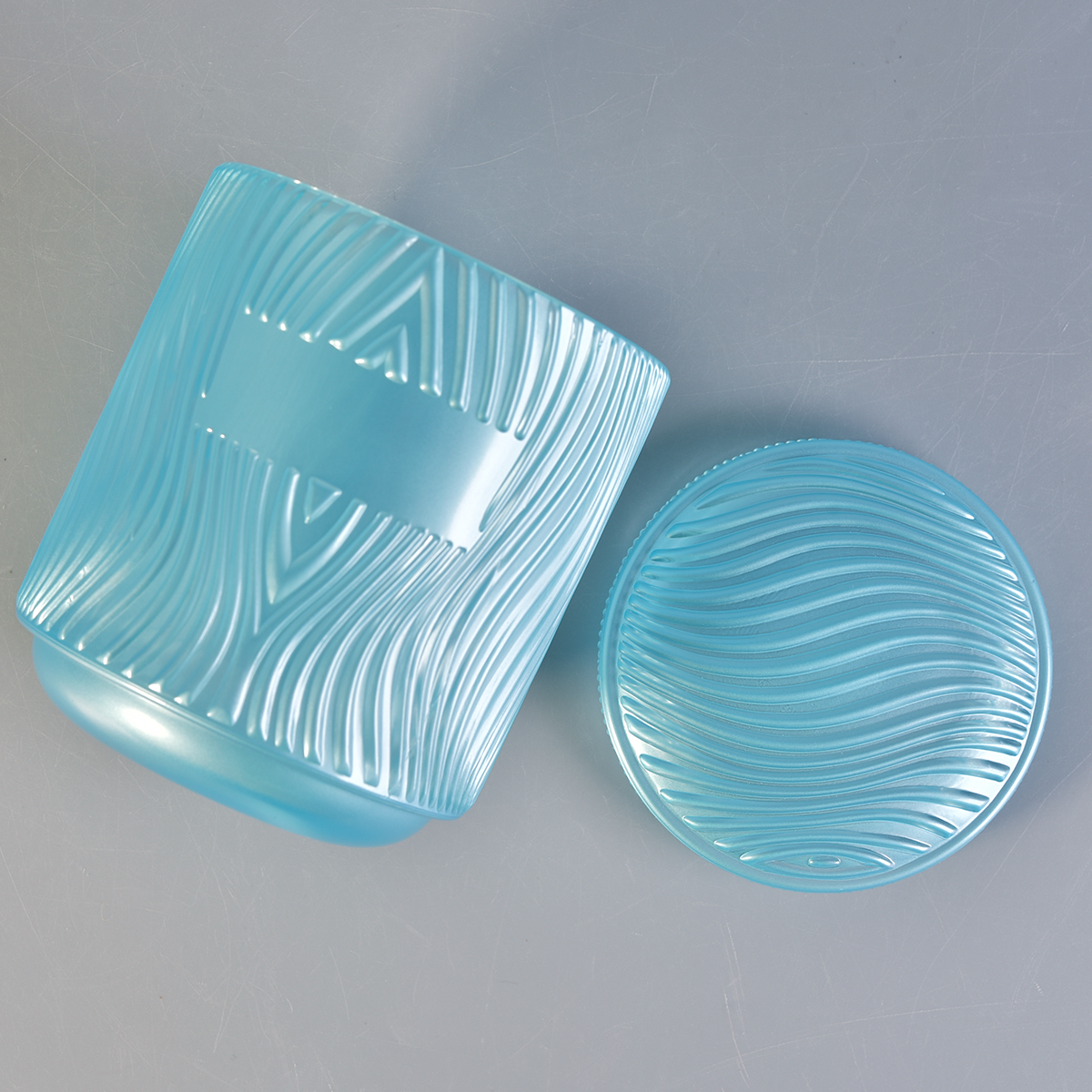 sky blue glass candle holder with lid, unique designed glass candle vessels