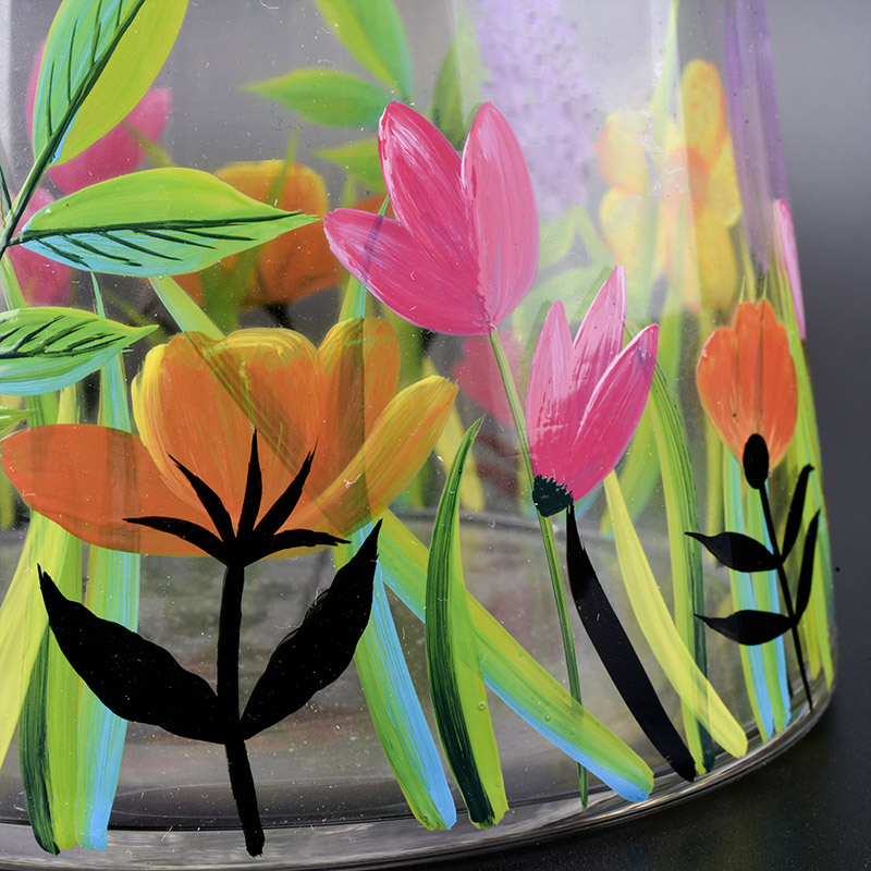 clear glass candle vessel with flower patterns, bell shaped glass jar with hand painting