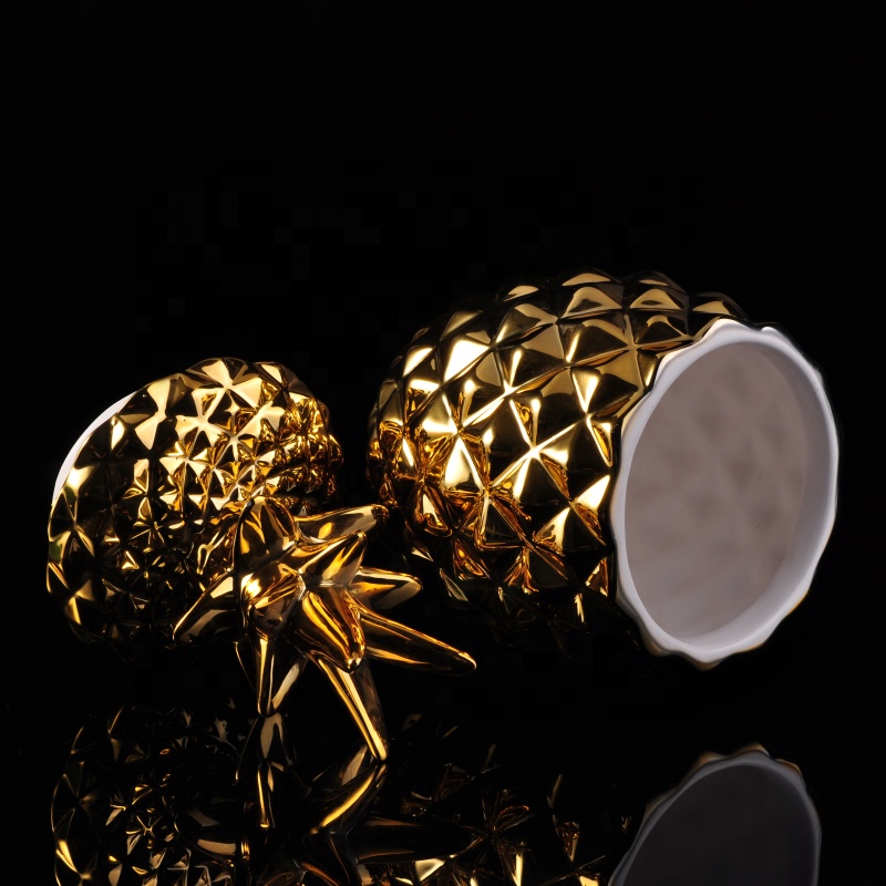Custom luxury decorative gold white pineapple ceramic candle jars with lid