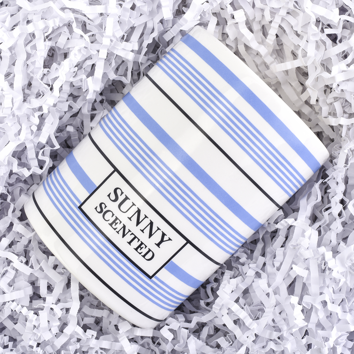 blue and white lines ceramic candle vessel, simple ceramic candle holder
