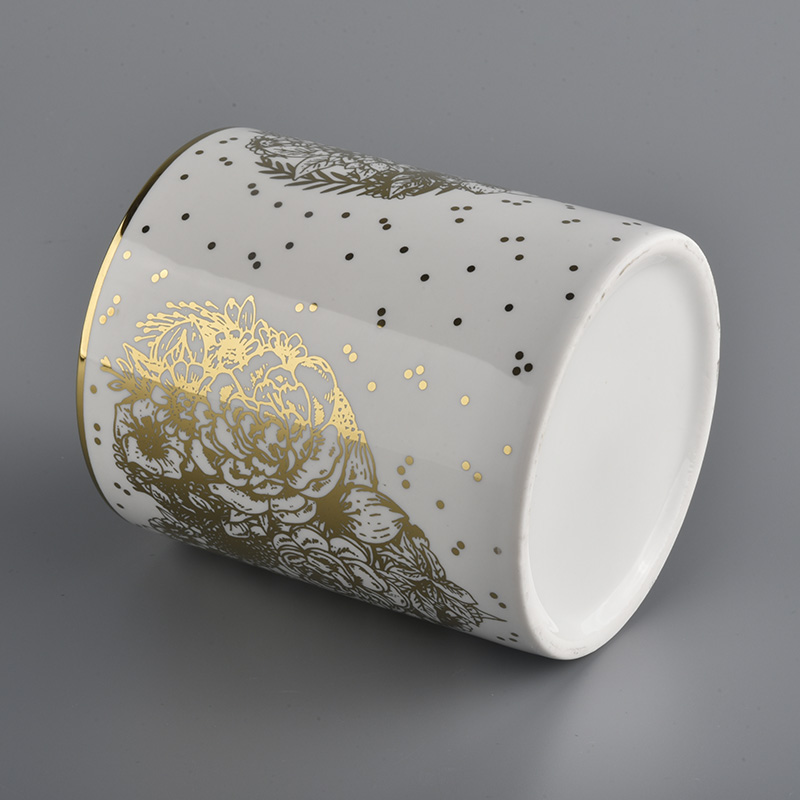 white cylinder ceramic candle jars with gold printing